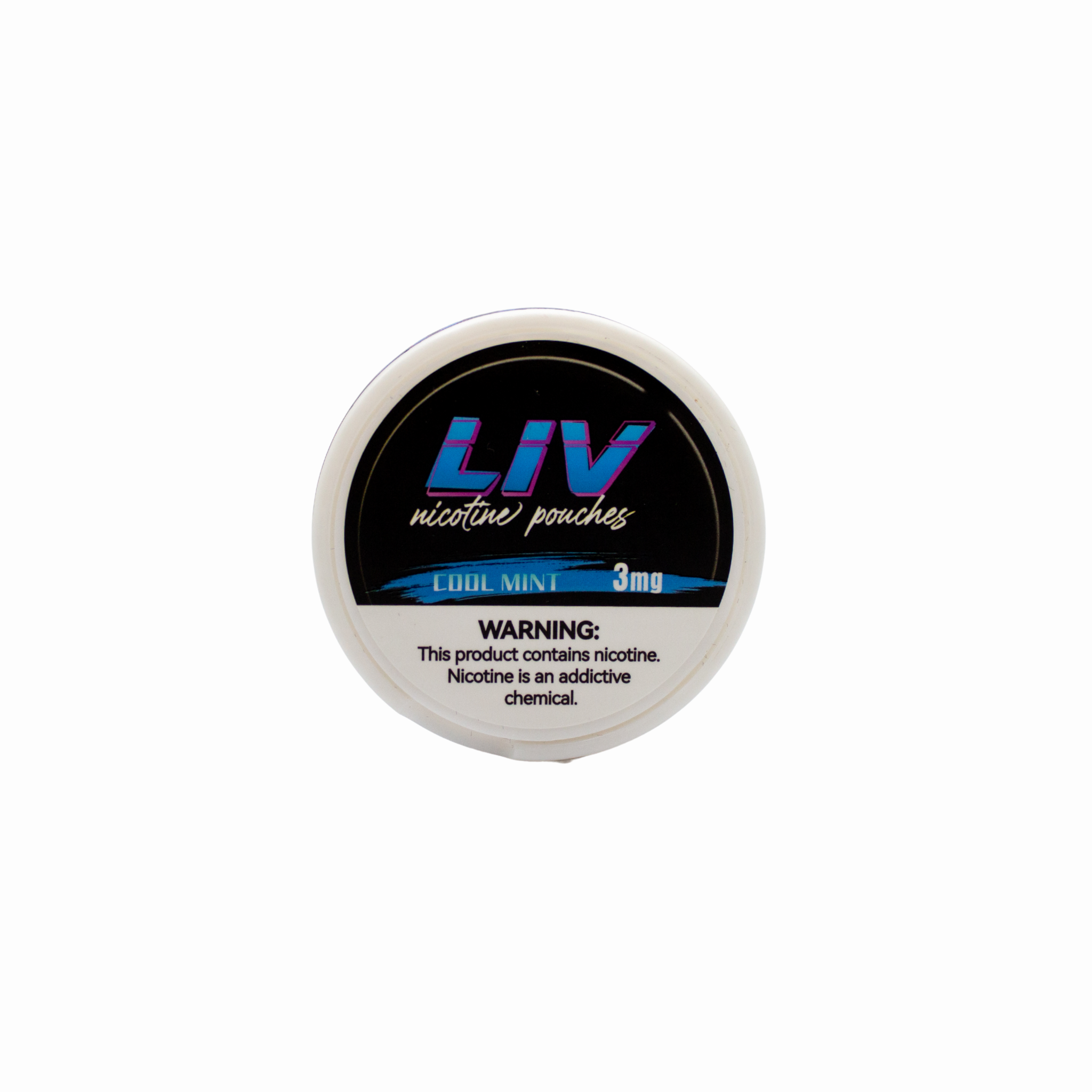 Container of LIV nicotine pouches with a warning label on a white background