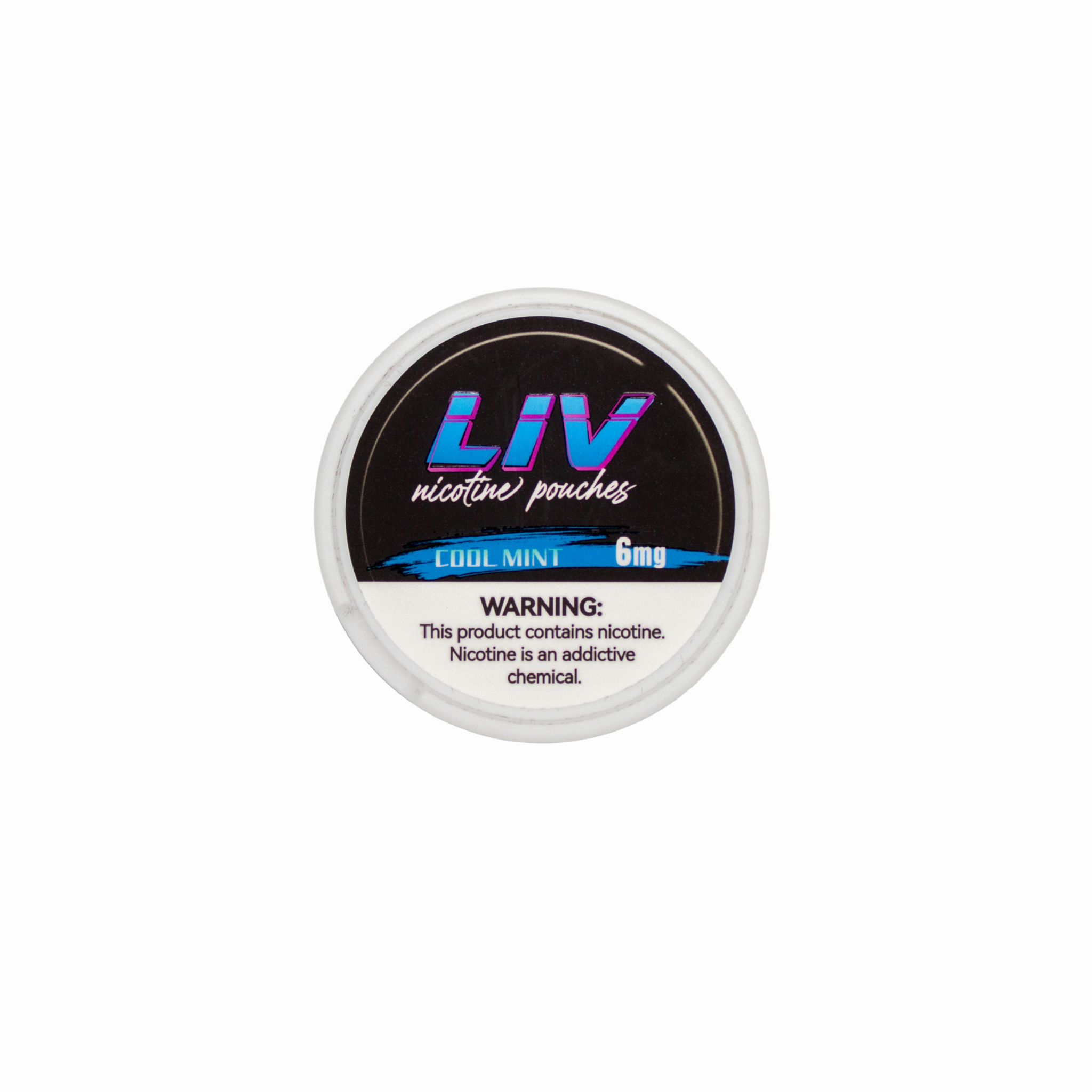 Container of LIV nicotine pouches with a warning label on a white background